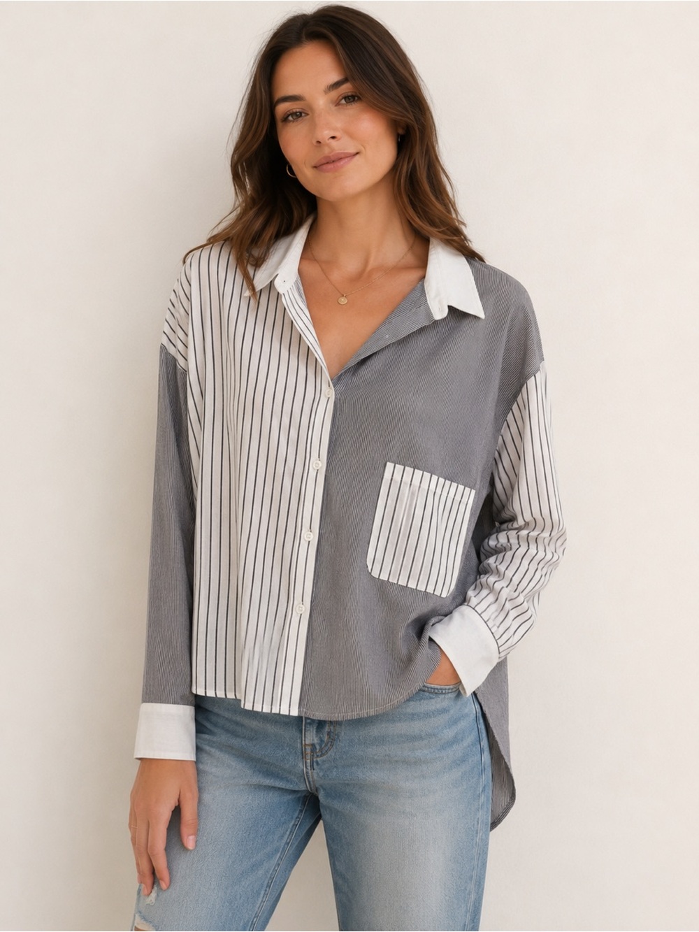 Striped Contrast Button-Down Shirt - Gray/White